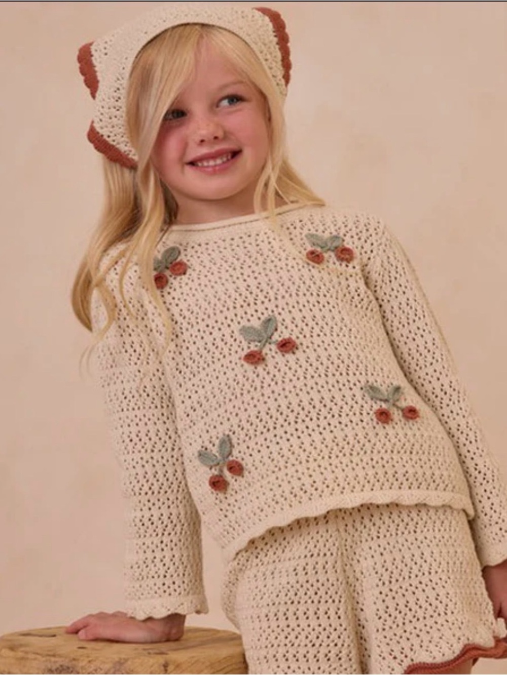Rylee +Cru Crochet Pullover with Cherry Embroidery